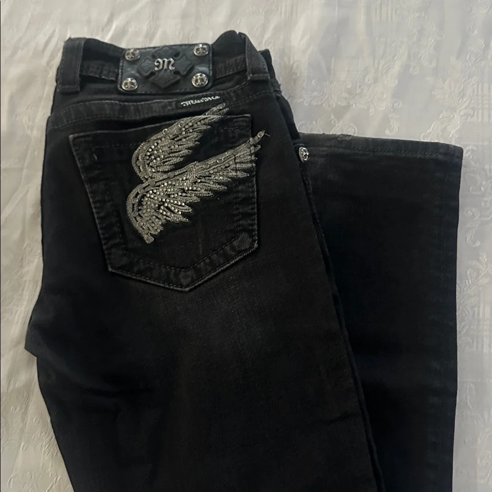 Tate Miss Me Black Denim with Silver Embellished Wings. Like new - Picture 2 of 5